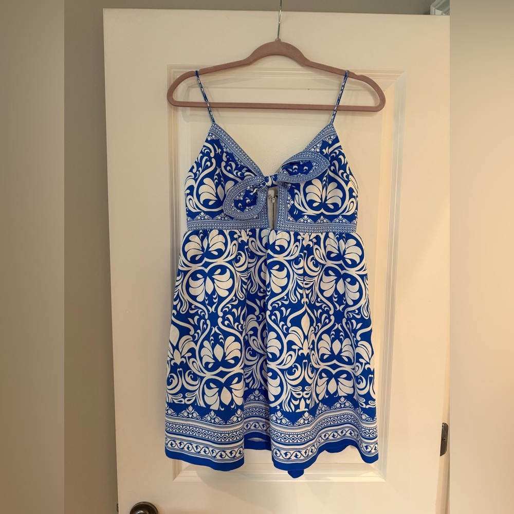 Alice + Olivia Blue and White Floral Dress Melvina Bow Mini Linen - Picture 2 of 11